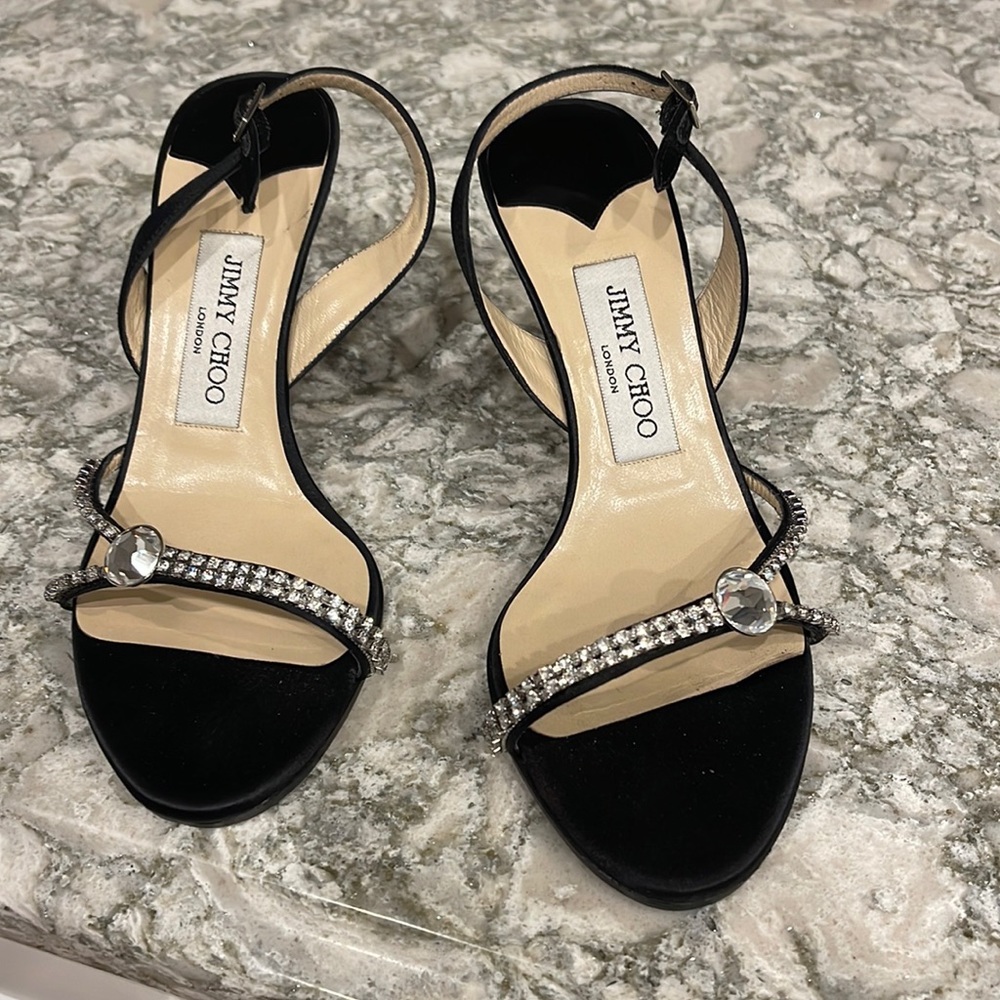 Jimmy Choo Black Satin Rhinestone Slingback Heel 36 1/2. Missing one rhinestone